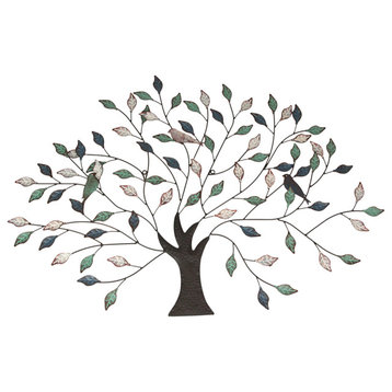 36 inch Tri Tone Leaves Birds In Branches Metal Tree Indoor Outdoor Wall Hangin