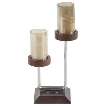 Rustic 17"x9" Wood, Stainless Steel, and Glass Two-Light Candle Holder