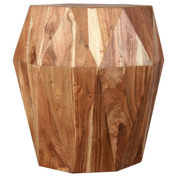 21.5" Faceted Handcrafted Acacia Wood Side End Table With Octagonal Top