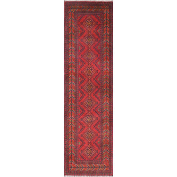 Imperial Red Afghan Andkhoy Wool Hand Knotted Runner Oriental Rug, 2'9"x9'8"