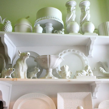 Kitchen Shelves house Cricket's Milk Glass collection.