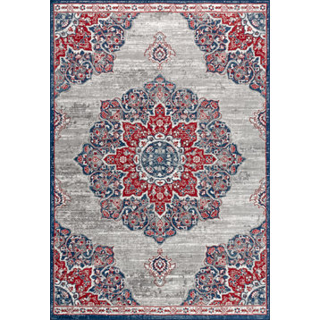 Modern Persian Vintage Moroccan Medallion Area Rug, Navy/Red, 5 X 8