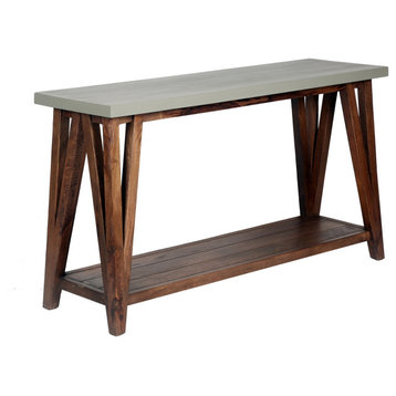 Modern Industrial Console Table, Wooden Base & Concrete Coated Top, Brown/Gray