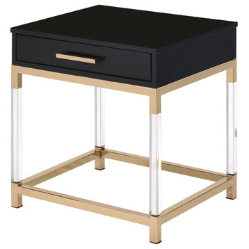 Contemporary End Table, Golden Frame With Acrylic Accents & Single Drawer, Black