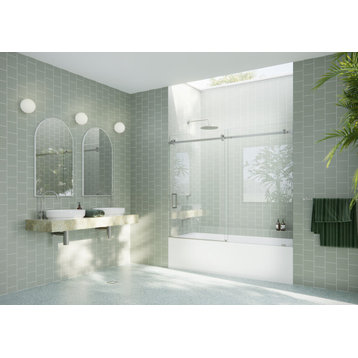 68-72"x60-Frameless Bath Tub Sliding Shower Door Square Hardware, Brushed Nickel
