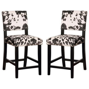 Home Square 2 Piece Cow Print Wood Counter Stool Set in Black