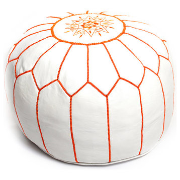 Moroccan Leather Pouf, White With Orange Stitching