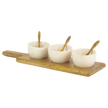 3-Piece White Stone Snack Bowls Spoons Wood Board Tray Serving Set