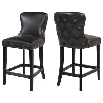 Sonoma Upholstered Button Tufted Armless Counter or Bar Stool, Set of 2, Black Brown Faux Leather, 26" Counter Height