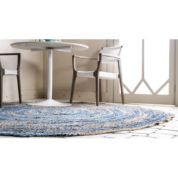 Unique Loom Blue Natural Braided Chindi 3' Round Area Rug