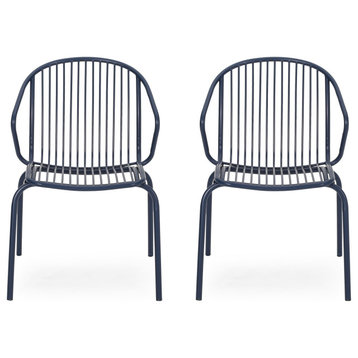 Emily Outdoor Modern Iron Club Chair, Set of 2, Navy Blue