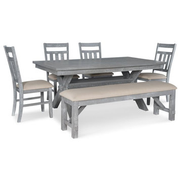 Pemberly Row 6-Piece Wood Dining Set Padded Seats & Bench in Weathered Gray/Tan