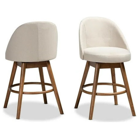 Set of 2 Mid-Century Modern Swivel Counter Stools in Walnut Finish, Beige/Counter Height