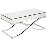 Decor Love - Contemporary Coffee Table, Curved X-Crossed Metal Base and Elegant Mirrored Top - - Mirrored cocktail table displays home décor and keeps remotes handy