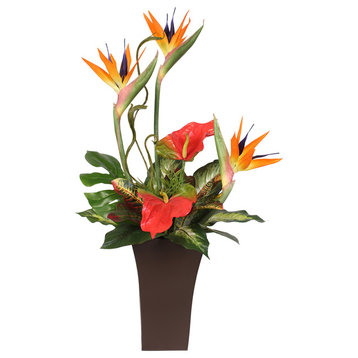 Large Silk Bird Of Paradise and Anthurium in Tall Metal Container
