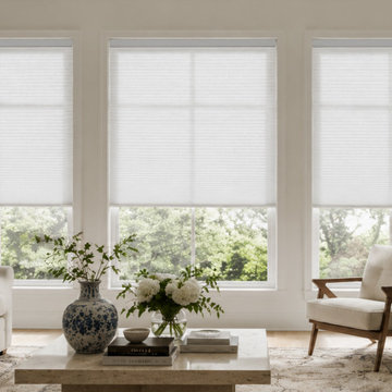White Cellular Blinds on Large Windows for Modern Living Room