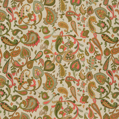 Coral Green Floral Paisley woven Upholstery Fabric by the Yard