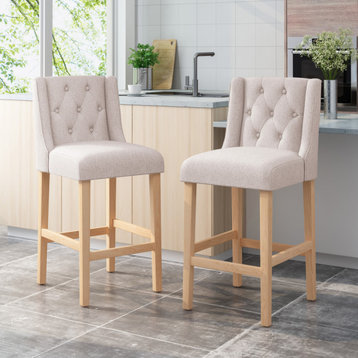 Joyce Button Tufted Fabric Wingback Bar Stool, Set of 2, Beige/Natural