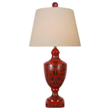 Chinese Red Lacquer Porcelain Jar Table Lamp With Shade and Finial 28"