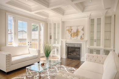 Living room - mid-sized contemporary formal and enclosed dark wood floor and brown floor living room idea in Toronto with beige walls, a standard fireplace, a stone fireplace and no tv