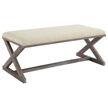 Percy Beige Vintage French X-Brace Upholstered Fabric Bench