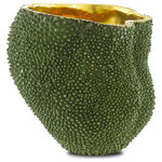 Currey and Company - Currey and Company 1200-0288 Vase, Green/Gold Finish - Our Jackfruit decorative vessels include the Jackfruit Medium Vase that is made from a lost-wax process so it reads as if it is covered in the skin of the jackfruit. The inside of each bronze vase is a brilliant gold made of polished solid bronze, which will need to be cleaned from time to time to maintain its sheen. These green decorative vessels are water tight so they will not leak.