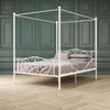 Elegant Canopy Bed, Metal Frame With Scrolled Accents, Round Filial Pots, White