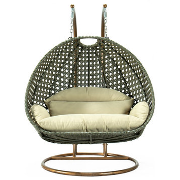 2 Person Beige Wicker Double Hanging Egg Swing Chair, Taupe