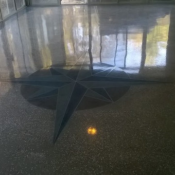Southboro floor overlay w/ colored glass chips, terazzo strips, staining & polis