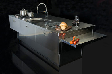 Foto di una cucina abitabile contemporanea con ante in acciaio inossidabile, top in acciaio inossidabile e elettrodomestici in acciaio inossidabile