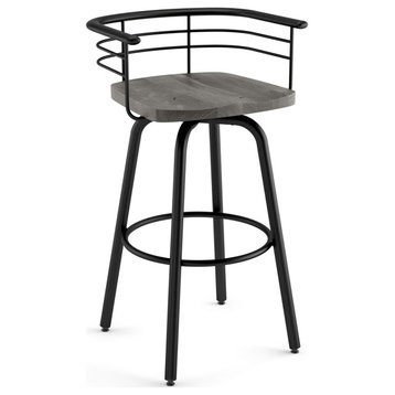 Amisco Brisk Swivel Counter and Bar Stool, Grey Distressed Wood / Black Metal, Counter Height
