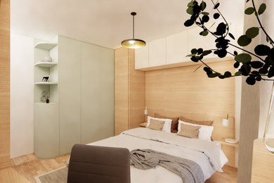 Ejemplo de dormitorio principal y blanco y madera contemporáneo de tamaño medio con suelo de madera clara