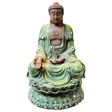 Chinese Rustic Ceramic Sitting Meditation Shakyamuni Buddha Statue Hws2792