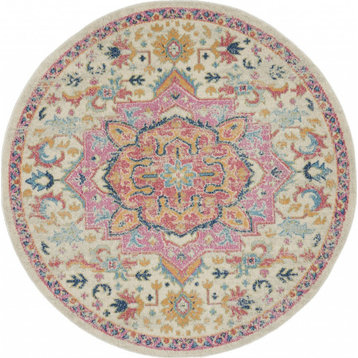 5' Pink And Ivory Round Southwestern Dhurrie Area Rug