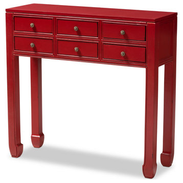 Classic Console Table, Bayur Wood Frame & Drawers With Unique Pulls, Antique Red