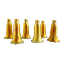 Set of Six American Steuben Art Glass Gold Lily Lamp Shades - Lighting Globes And Shades
