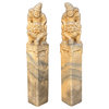 Chinese Pair Cream White Marble Stone Fengshui Foo Dog Pole Statues Hcs7209