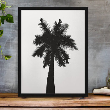 Palm Tree Silhouette on Pure White Minimal Nature Botanical Photo Wall Art Print
