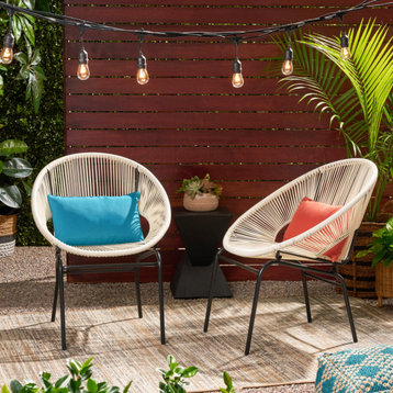 Carolina Outdoor Modern Faux Rattan Club Chair, Set of 2, White/Black