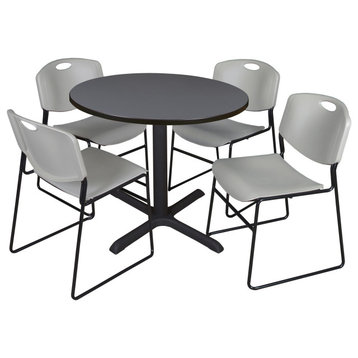 Cain 36" Round Breakroom Table- Grey & 4 Zeng Stack Chairs- Grey
