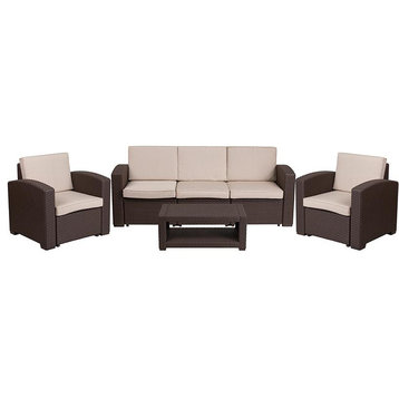 4 Piece Outdoor Faux Rattan Chair, Sofa and Table Set in Chocolate Brown