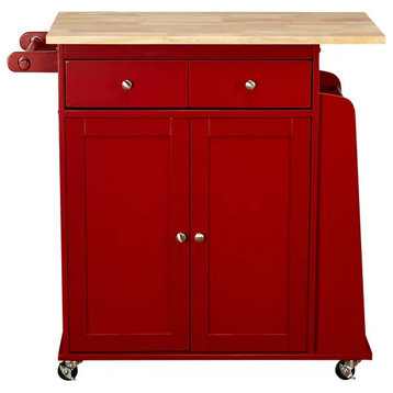 Modern Kitchen Cart, 2 Doors Cabinet & Side Open Shelves With Natural Top, Red