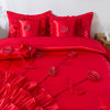 Red Rose Satin Ruffle Floral Romantic Victorian Comforter Bedding Set, Queen