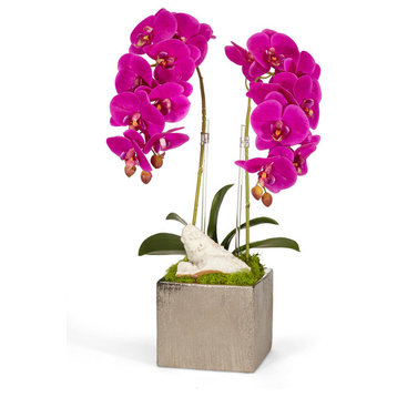 Artificial double phalaneopsis  Orchid in Square Container With Geode, Green
