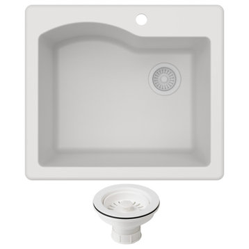 Kraus Quarza 25" Drop-In Undermount Granite White Kitchen Sink w Strainer