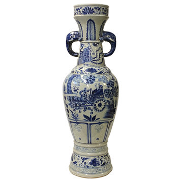 Chinese Blue White Porcelain Scenery Elephant Ears Tall Vase Hws1639