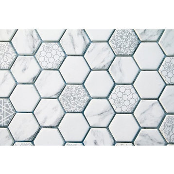 Recycled Glass Mosaic with Printed Patterns, 12.75"x11", Box of 15, 2" Hexagon