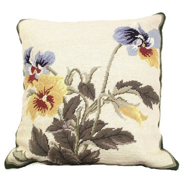 Throw Pillow GRACE Needlepoint Pansies Flower 18x18 Beige Cotton