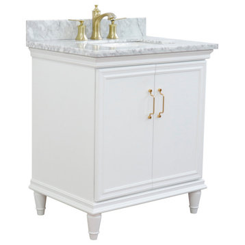 31" Single Vanity, White Finish With White Carrara And Rectangle Sink