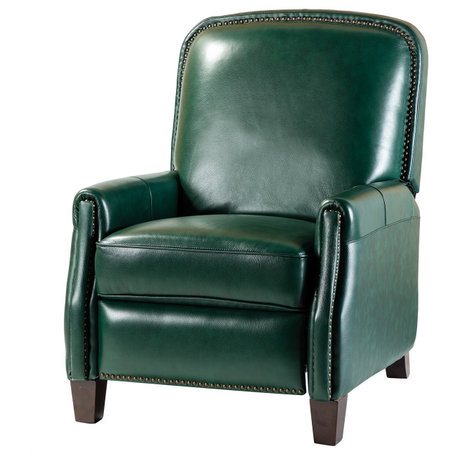 Genuine Leather Cigar Recliner With Nail Head Trim, Green